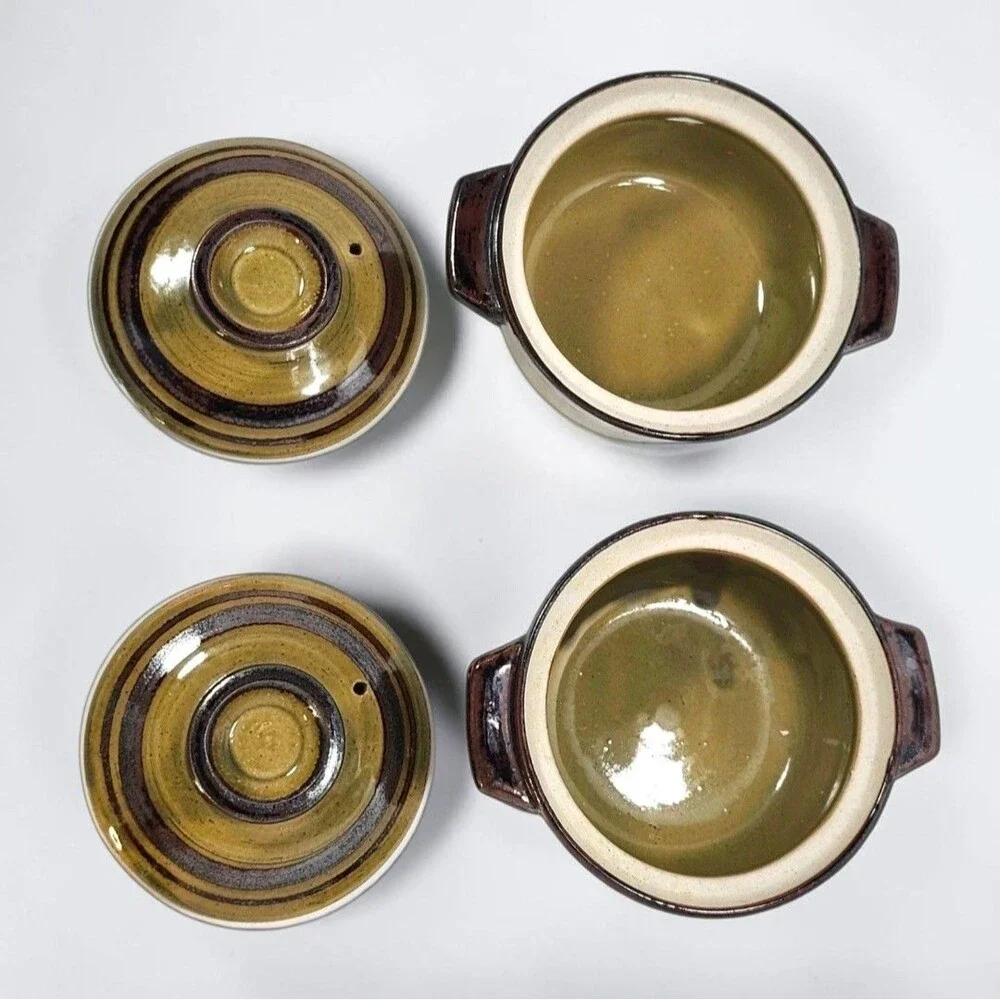 ​Vintage Stoneware Mini Casserole Crocks Set of 4 Avocado Green Brown Drip Glaze